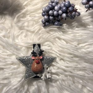 Alligatorknipje met zilveren glitter ster mét flatback "rudolph hoofd" en sneeuwvlokje