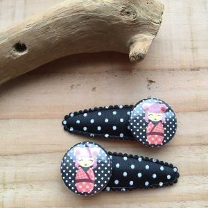 Haarknipjes 5cm zwart polkadot met flatback "Japans vrouwtje"