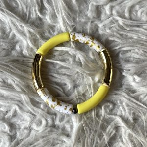 Tube armband geel, wit en goud