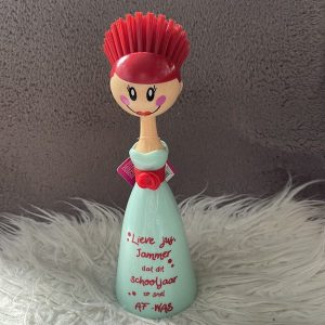Afwasborstel juf "jammer dat het schooljaar zo snel af-was " blauw/rood