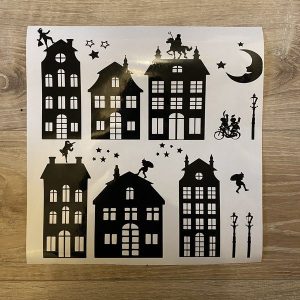 Herbruikbare raamstickers "Sinterklaas" (hoogte huisjes ca. 13cm) zwart