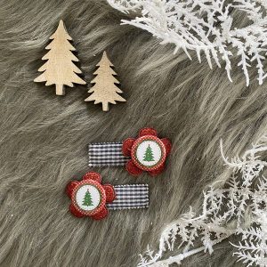 Haarknipjes 5cm antraciet geruit met rode glitter bloem en flatback "kerstboom"