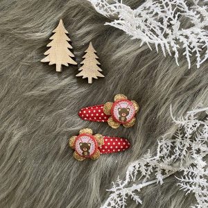 Haarknipjes 5cm rood polkadot met gouden glim bloem en flatback "beertje"
