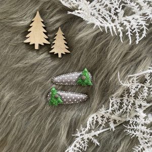 Haarknipjes 5cm grijs polkadot met groene glitter kerstboom