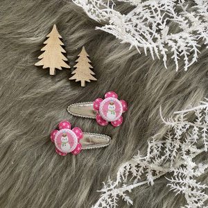 Haarknipjes 4cm zilver roze bloem en roze flatback "sneeuwpop"