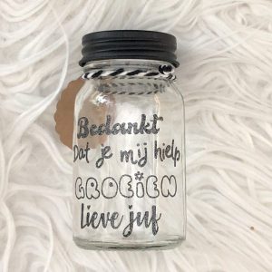 Potje met bloemzaadjes "bedankt dat je mij hielp groeien lieve juf" grijs