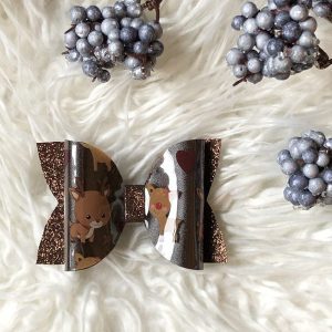 Strik (dubbel) van imitatieleer bruin, bruin glitter en doorzichtig met rendiertjes