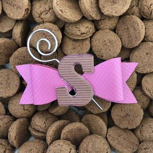 Strik van imitatieleer (medium) roze met staf én flatback "chocoladeletter"