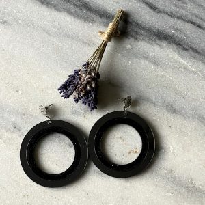 Oorbellen zilver met statement hangers rond "metallic-glitter hematite black" (Ø 6cm)